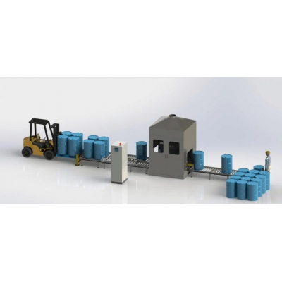Fully automated filling machine for weighted and production line filling of metallic and plastic 120 to 220-litre barrels
